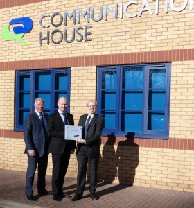 Network Telecom's Managing Director Paul Maxfield (centre)and Head of Business Development Steve Day receive the Samsung accreditation from Samsung Partner Manager Martin Palmer. (right) 