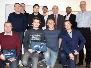 The first cohort for the BEng Manufacturing Engineering degree with Skills Factory Director Colin Parker and Course Representatives from the University